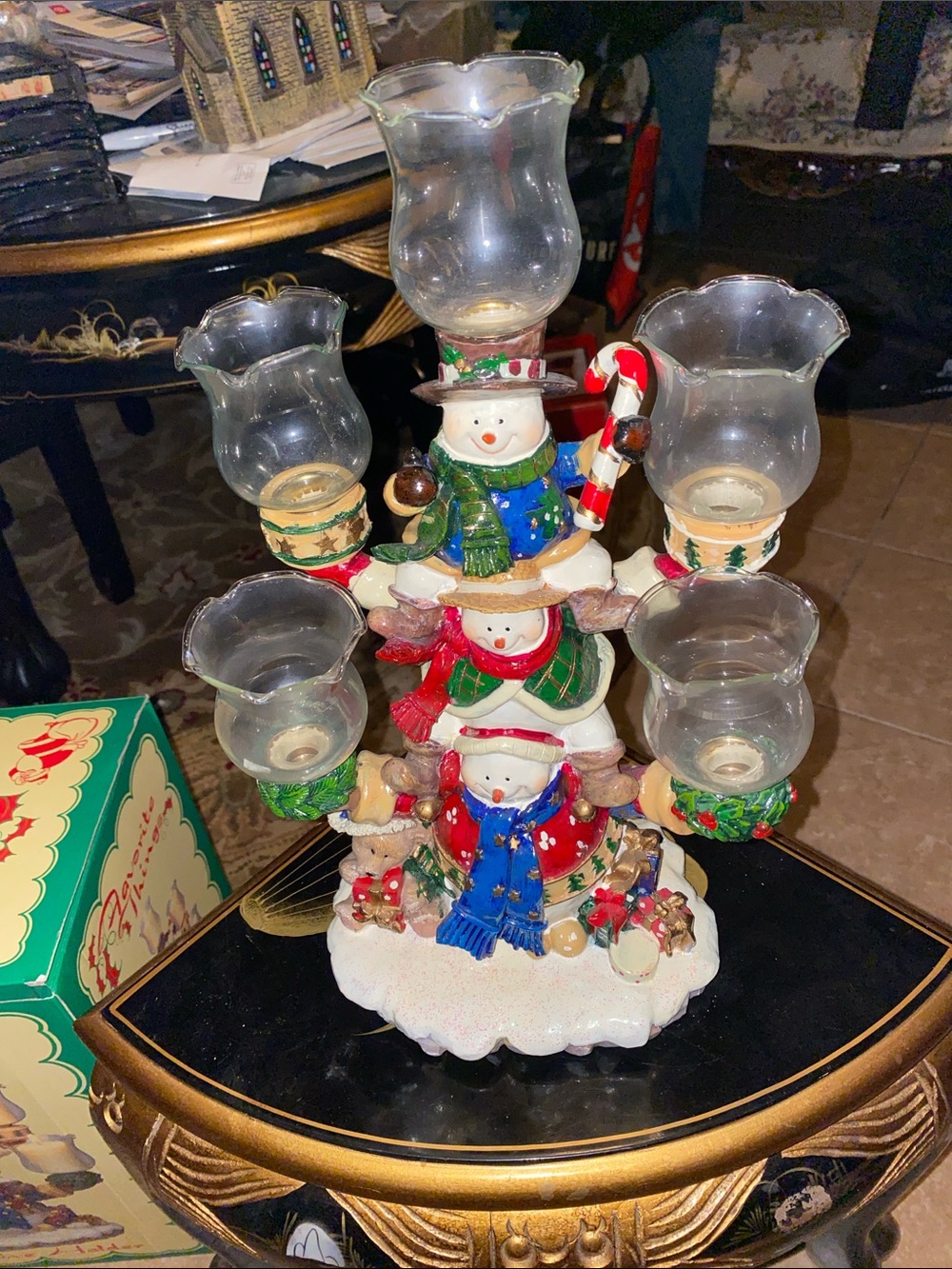 Vintage Festive Snowman Candle Holder In Original Box- Multi-Color Holiday Decor